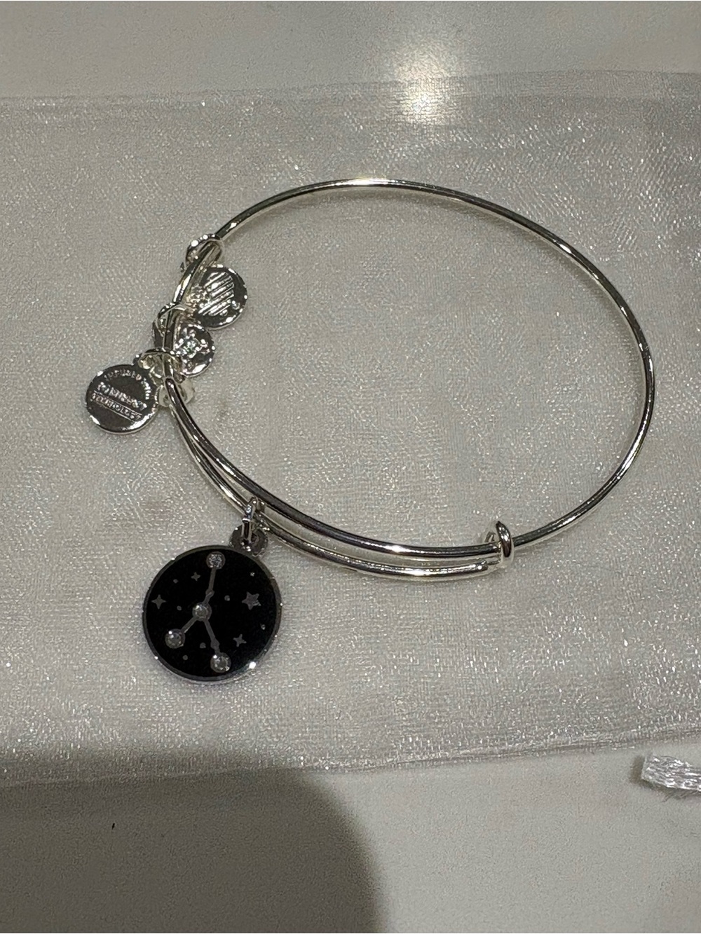 NWOT Alex and Ani Color Infusion Cancer Zodiac Charm Bangle, Shiny Silver Finish